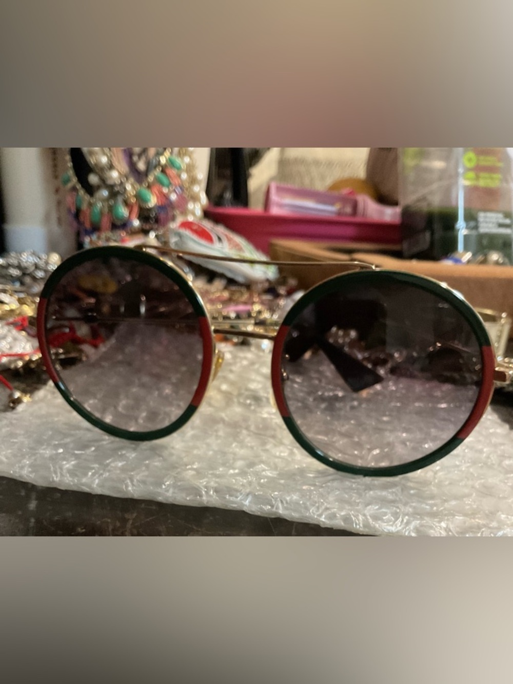 Gucci Round Sunglasses Green and Red Trim